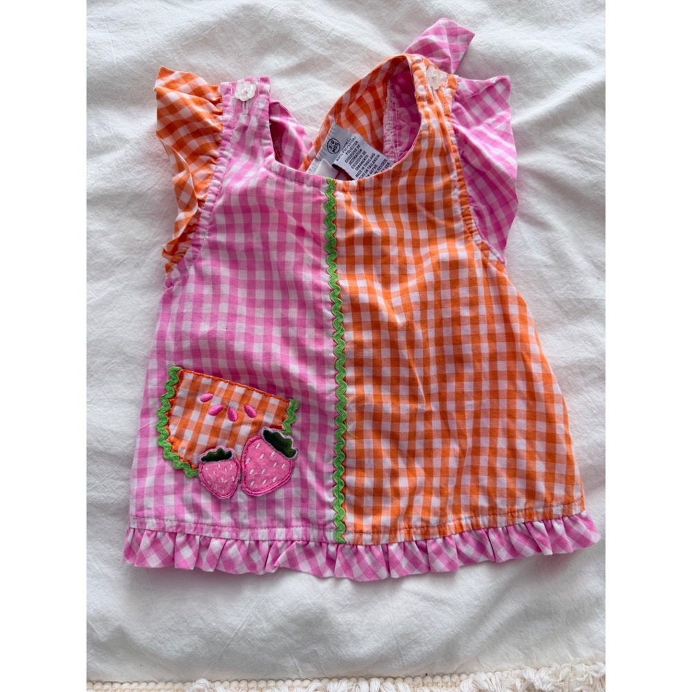 Sesame Street Baby Girls Gingham Fruit Applique Ruffle Top Pink Orange 3-6 m‎